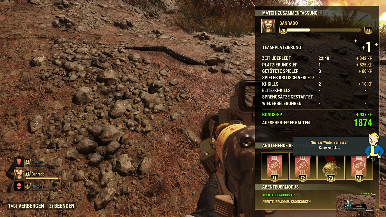 Match-Zusammenfassung nach einem Sieg in Fallout 76 Nuclear Winter mit Aufseher-EP-Aufschlüsselung