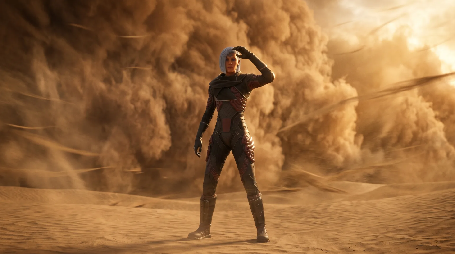 Dune Awakening Kriegerin im dunklen Stillsuit vor einem riesigen Sandsturm auf Arrakis