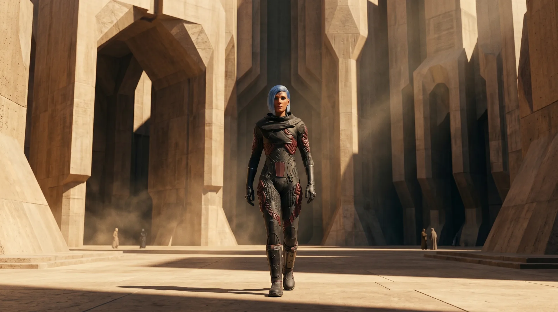 Dune Awakening Kriegerin im dunklen Stillsuit in der monumentalen Steinstadt Arrakeen