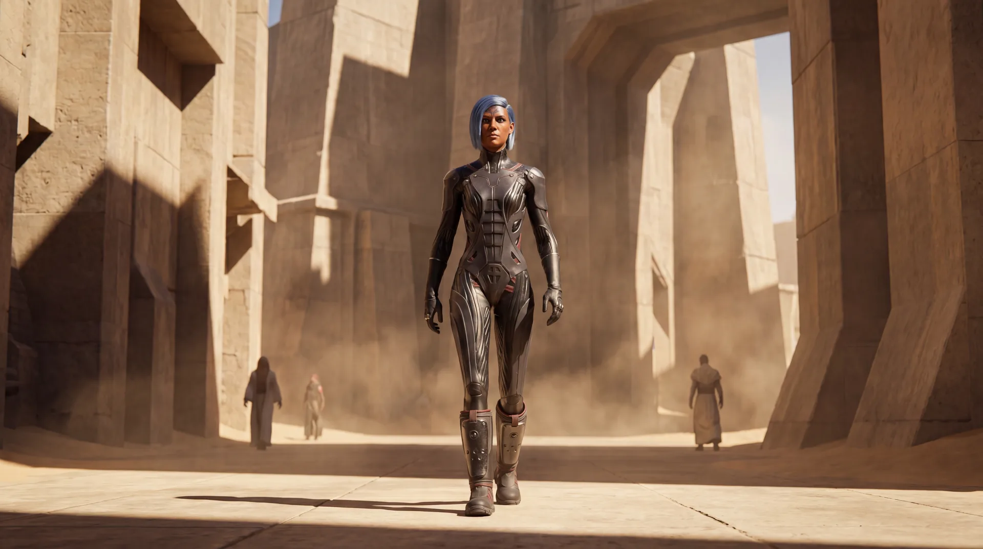 Dune Awakening Kriegerin im dunklen gepanzerten Anzug schreitet durch die brutalistische Steinstadt Arrakeen