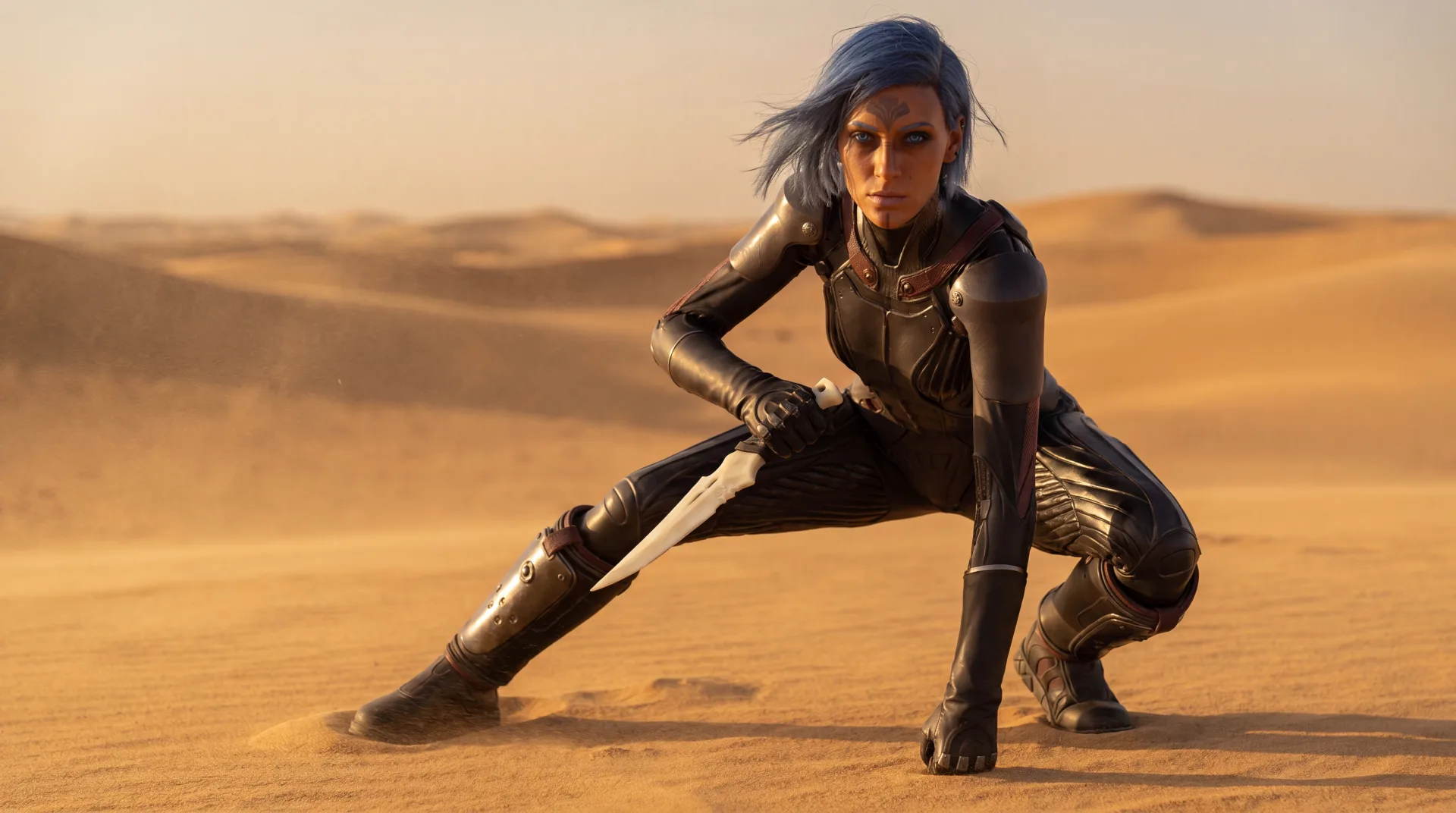 Dune Awakening Kriegerin in Kampfhaltung mit Crysknife in der Wüste von Arrakis