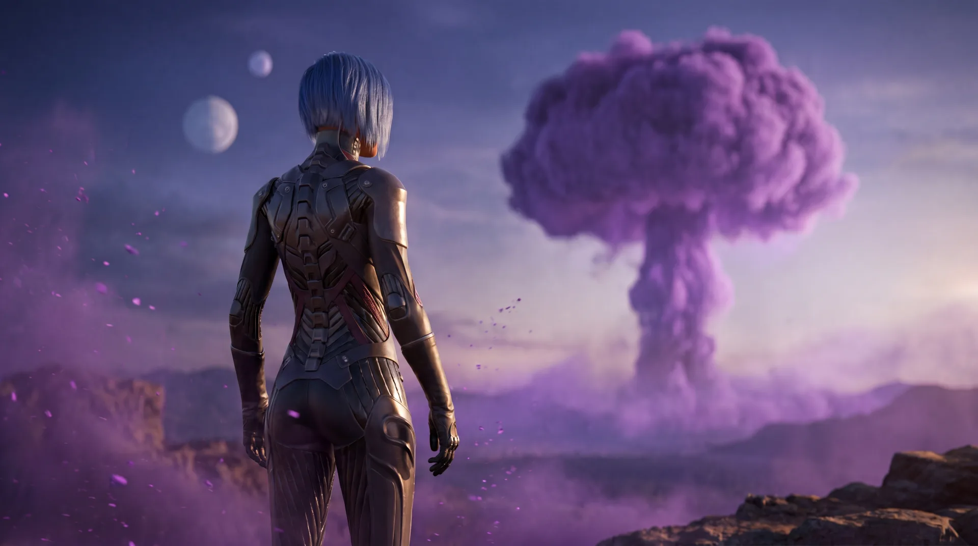 Dune Awakening Kriegerin blickt auf einen violetten Gewürzausbruch (Spice Blow) auf Arrakis