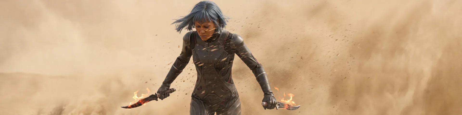 Dune Awakening Kriegerin mit blauem Haar schreitet mit zwei brennenden Dolchen durch einen Sandsturm in der Wüste von Arrakis