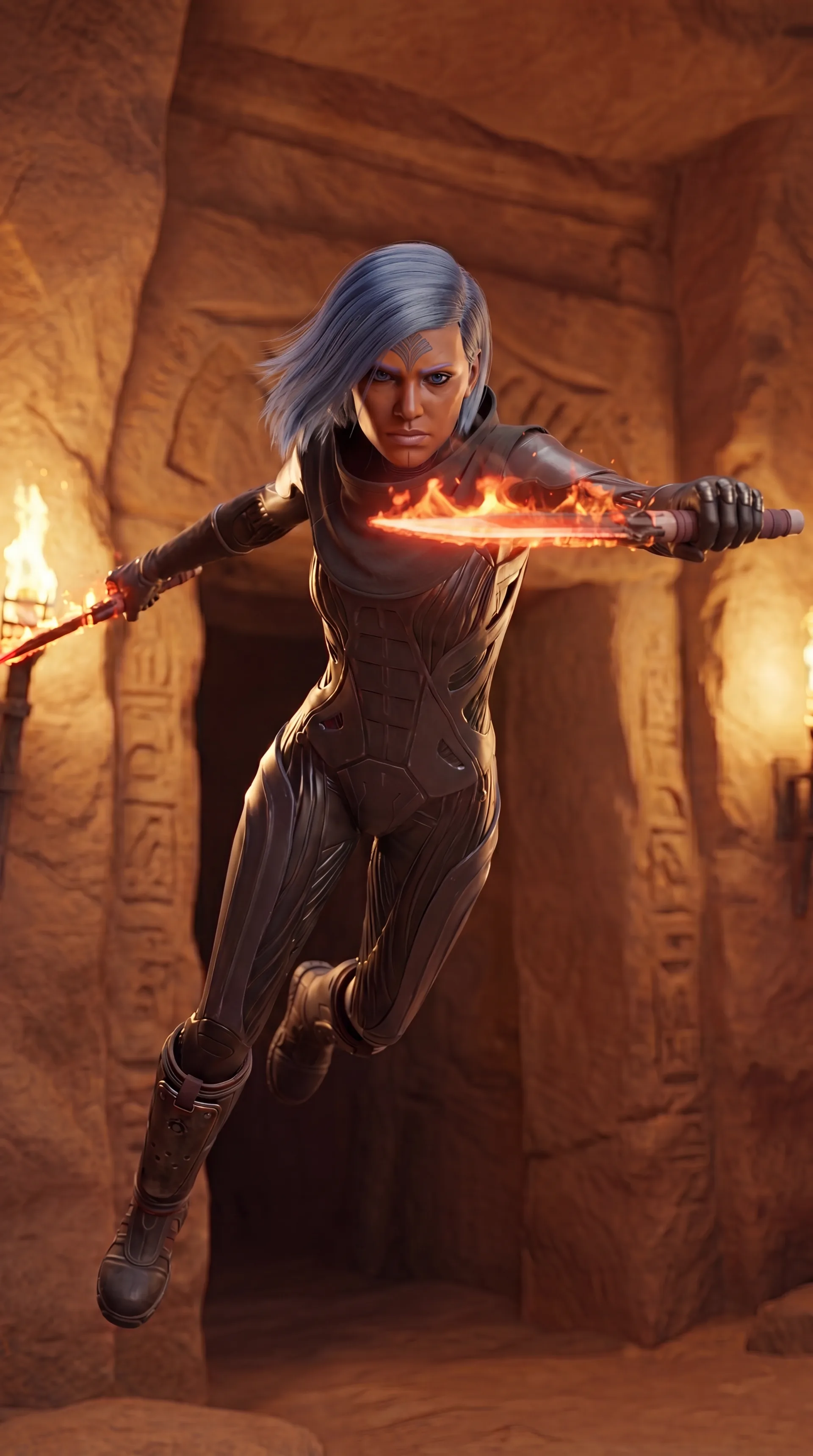 Blauhaarige Kriegerin im Sprung durch einen fackelbeleuchteten Sietch-Gang, brennender Dolch in der ausgestreckten Hand – Dune: Awakening Charakter-Artwork