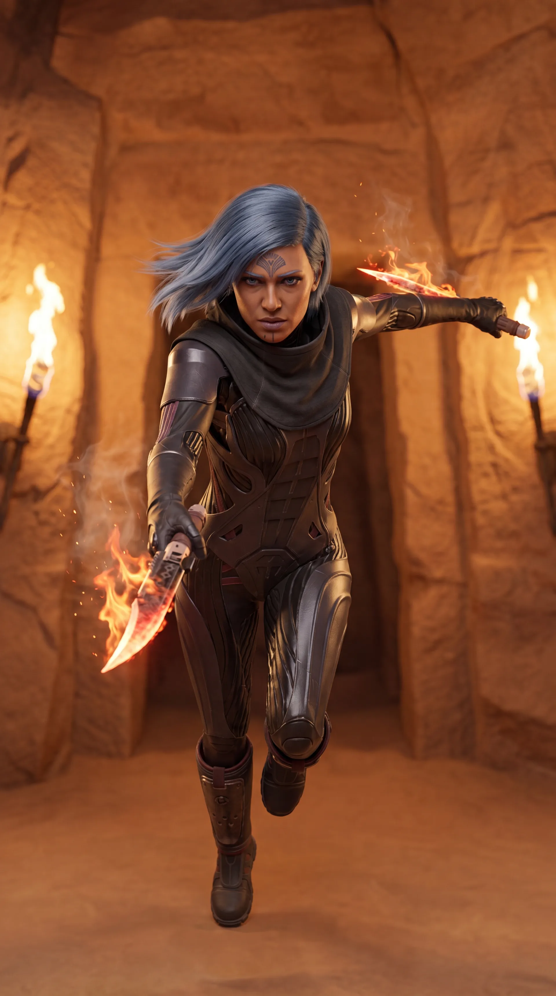 Blauhaarige Kriegerin rennt mit zwei brennenden Dolchen frontal durch einen Sietch zwischen Wandfackeln – Dune: Awakening Charakter-Artwork