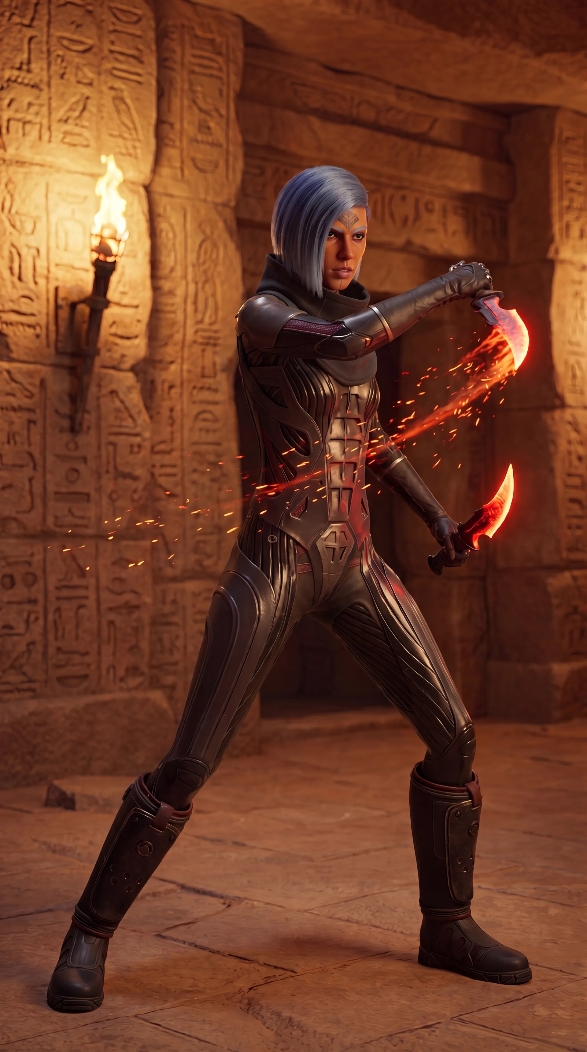 Blauhaarige Kriegerin im tiefen Kampfstand schlägt mit brennenden Dolchen einen glühenden Bogen in einer Hieroglyphen-Halle – Dune: Awakening Charakter-Artwork