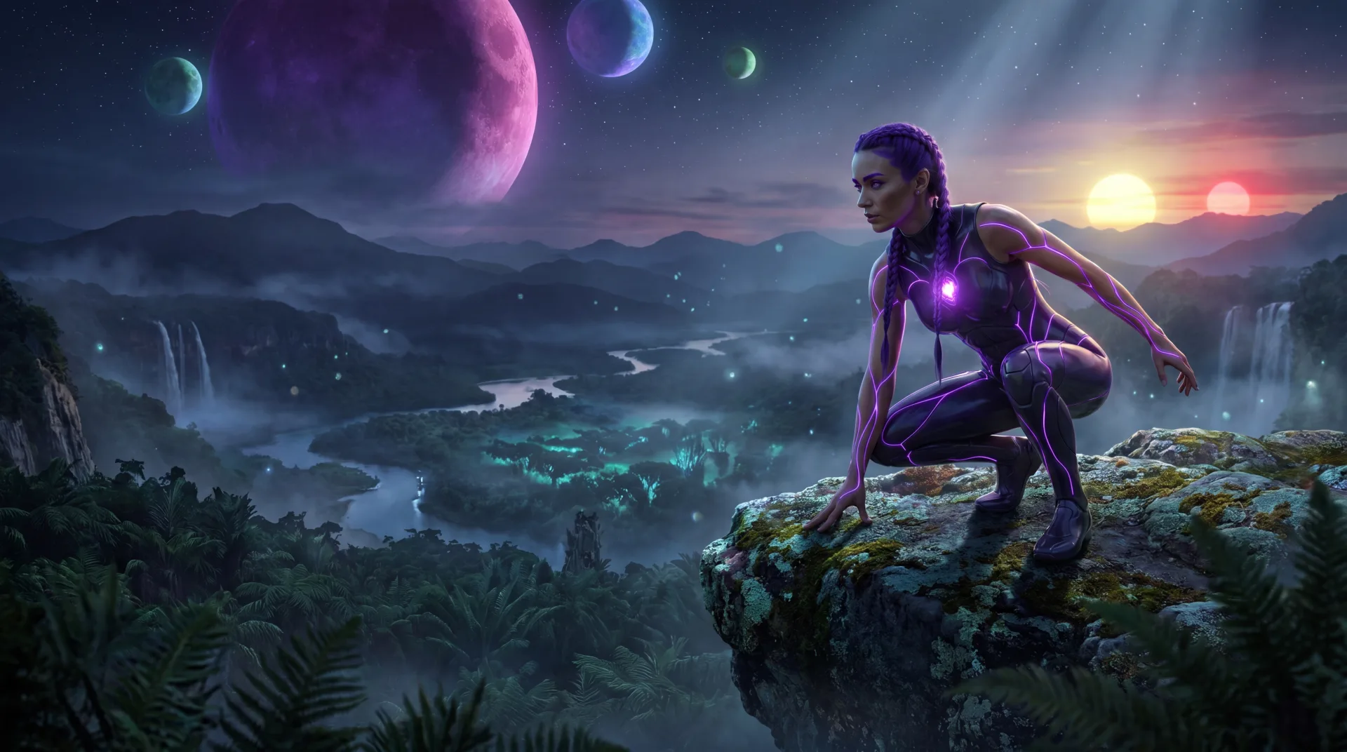 Kira in dunklem Carapace-Anzug mit violett leuchtenden Adern kauert am Rand einer moosbewachsenen Klippe und blickt über ein grünes Tal mit Flüssen und Wasserfällen; am Himmel mehrere farbige Monde und eine untergehende Zwillingssonne.