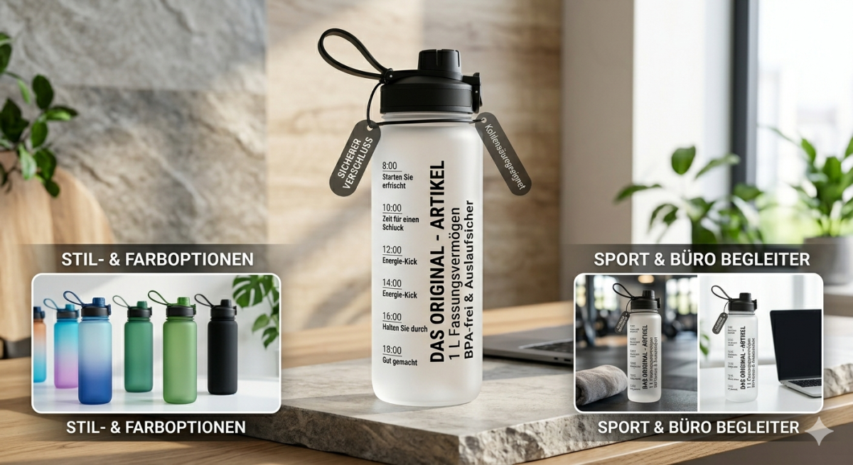 MAMEIDO Trinkflasche 1 l mit Zeitmarkierung – auslaufsicher, BPA-frei & kohlensäuregeeignet für Sport, Büro & Gym