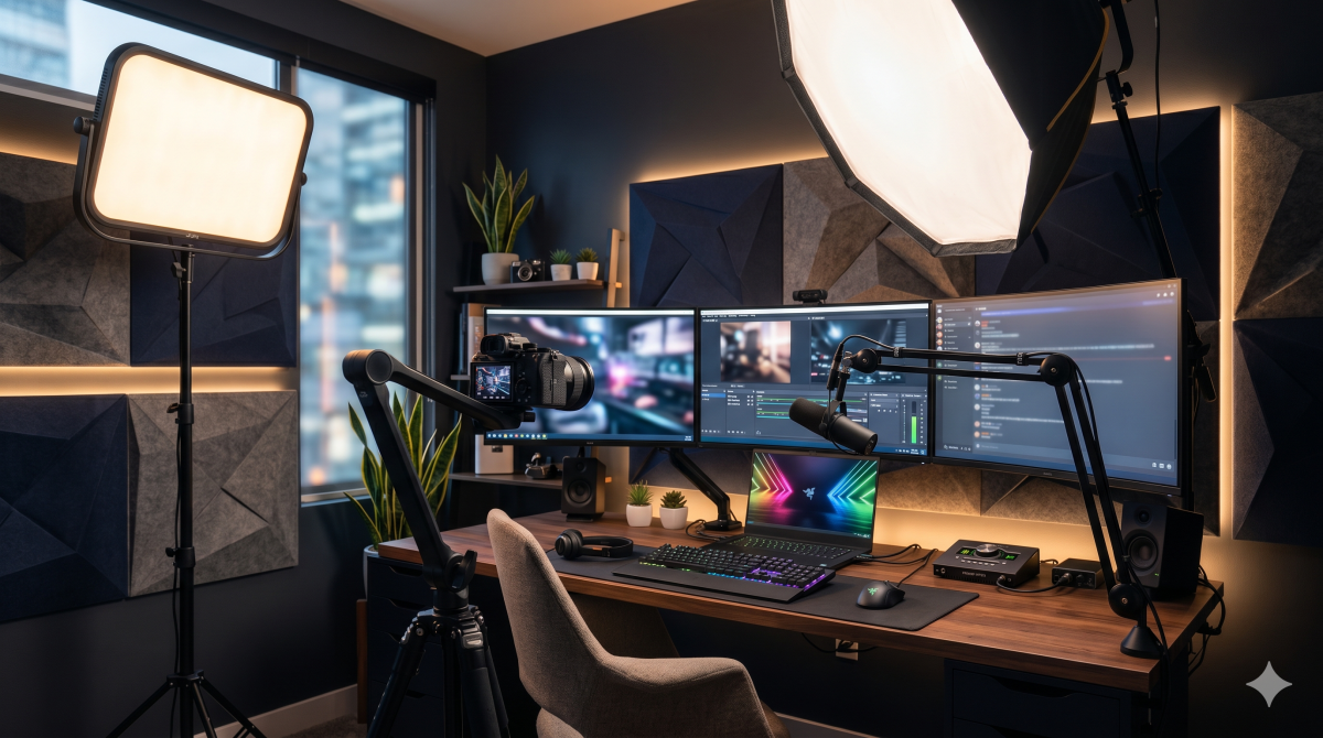 Professionelles Creator Studio 2026 mit LED-Panel  und Softbox, Triple-Monitor-Setup, Kamera und  Mikrofon für YouTube und Streaming