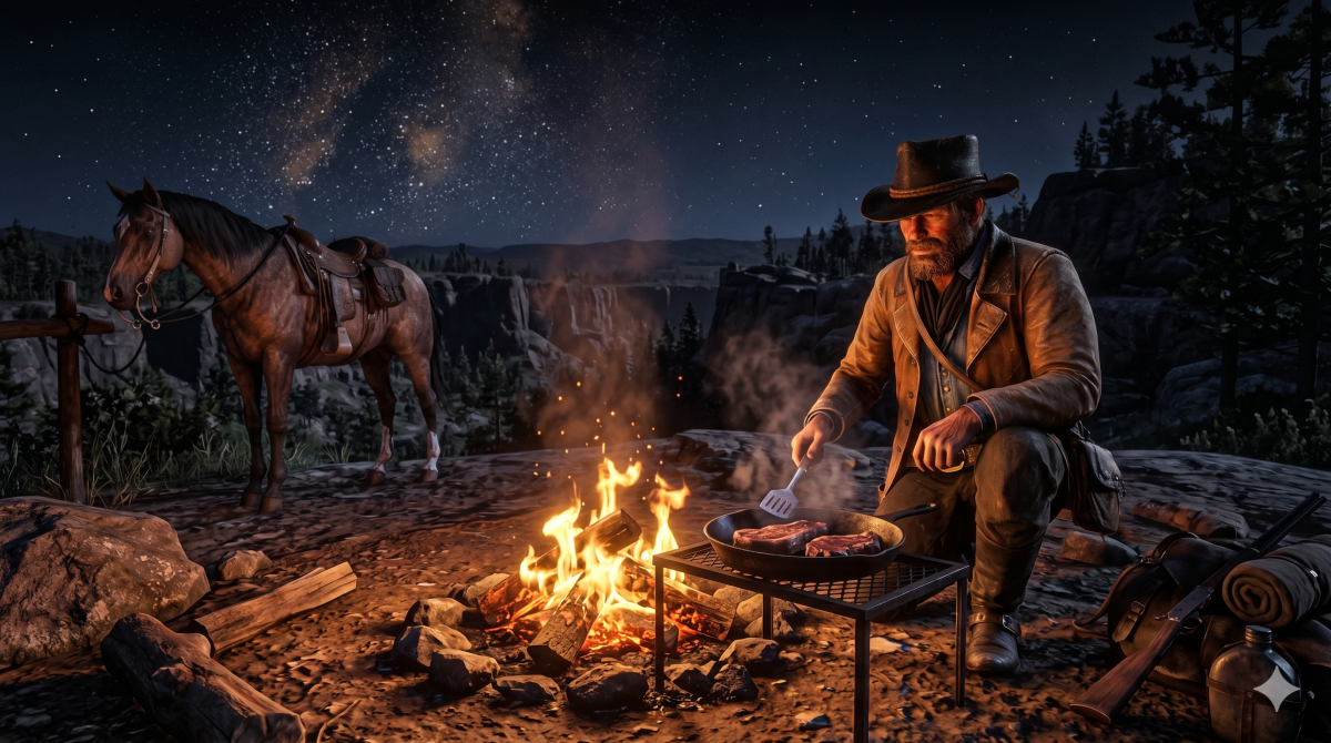 Red Dead Online Kochen Guide 2026 – Cowboy kocht           Fleisch am Lagerfeuer in der Wildnis