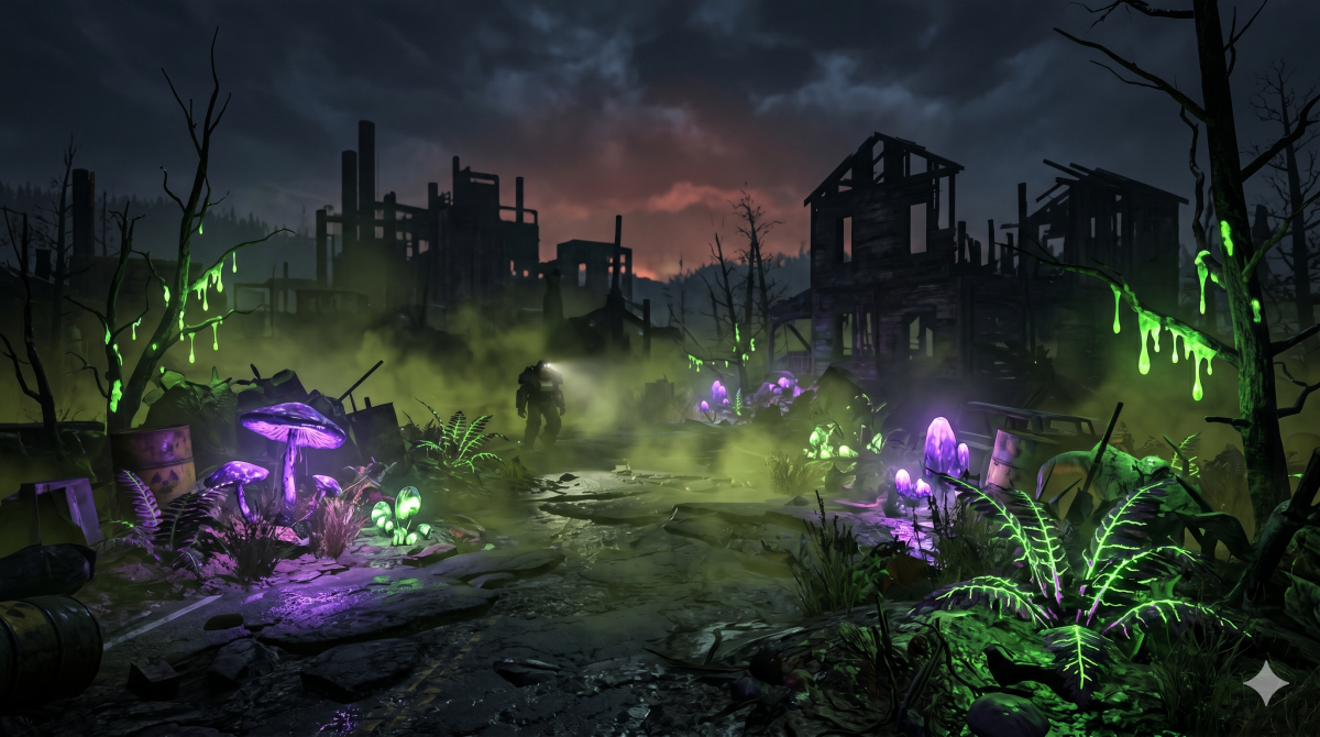 Fallout 76 Flux Guide 2026 – Strahlende Pflanzen           in der Nukezone bei Nacht